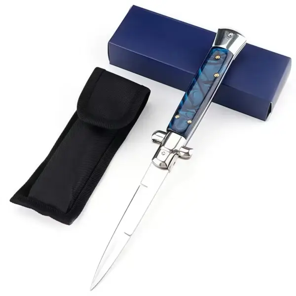Italian Stiletto Switchblade Blue Pearl Resin Button 1.1.webp